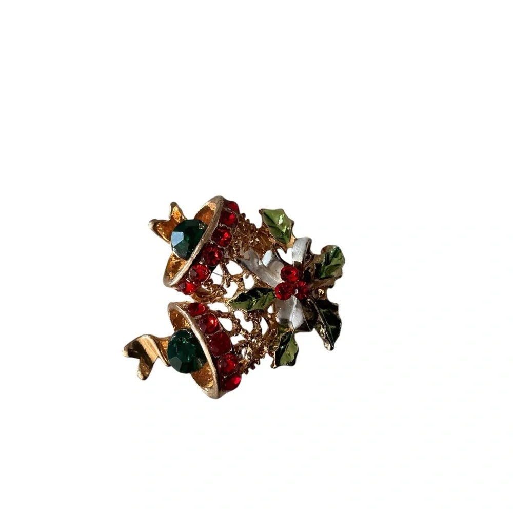 Christmas bell brooch rhinestone red,green,gold metal